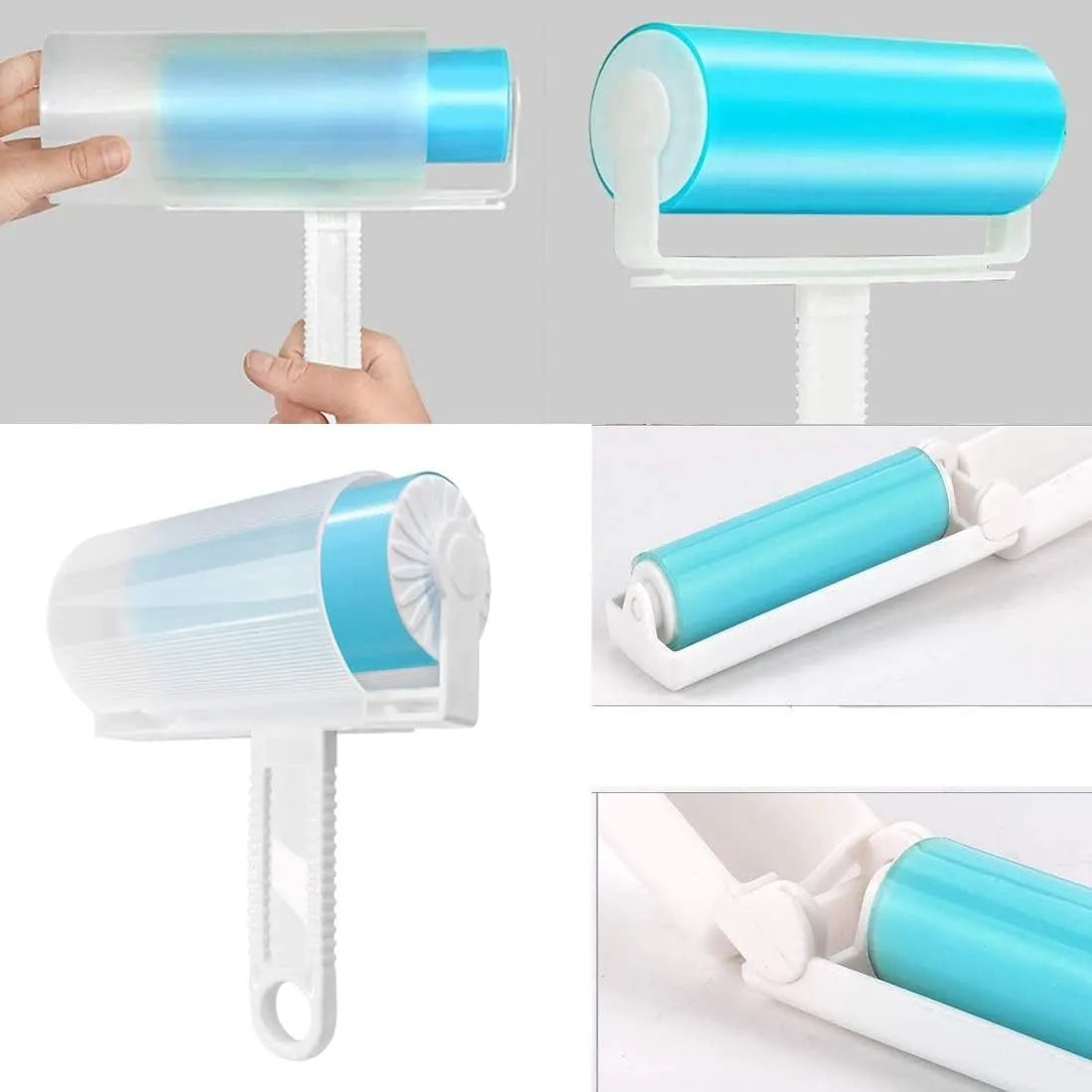 Washable reusable lint roller for pet hair removal in blue, green, pink, or yellow with cover