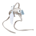 Grey headband cat toy with big-eyed fish teaser on adjustable 24-30cm band for hands-free feline play