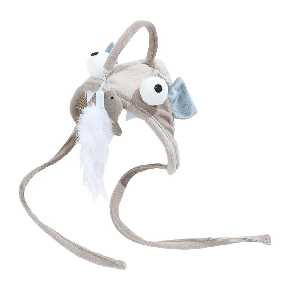 Grey headband cat toy with big-eyed fish teaser on adjustable 24-30cm band for hands-free feline play