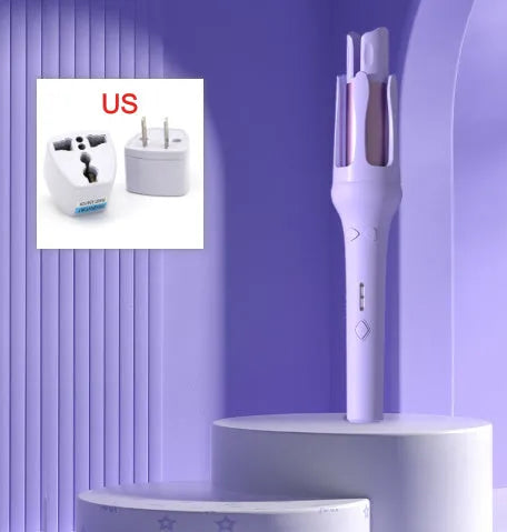 White and pink automatic hair curler with 32mm rotating barrel on a table