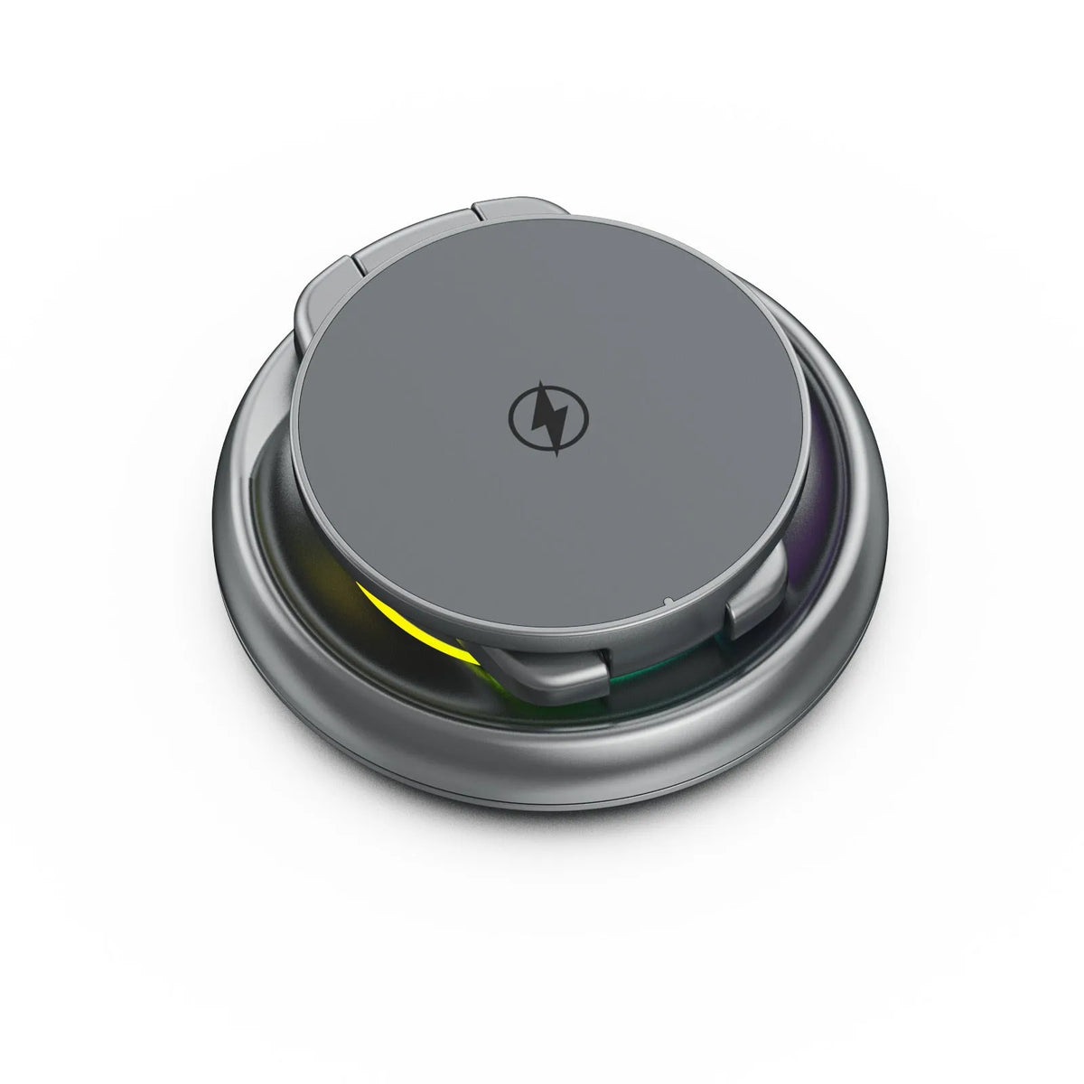 Silver Gray metal 3-in-1 wireless rotatable charger bracket with foldable design on a white desk charging phone, watch, and earbuds