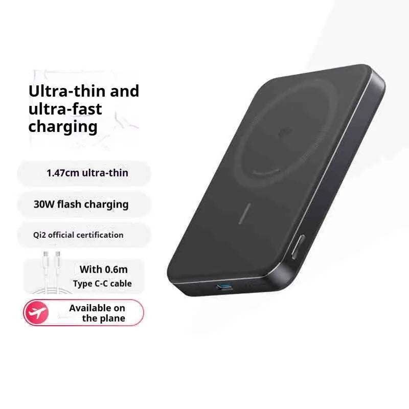 Ultra-thin Magsafe magnetic power bank 30W 15W wireless charging alloy shell black colour