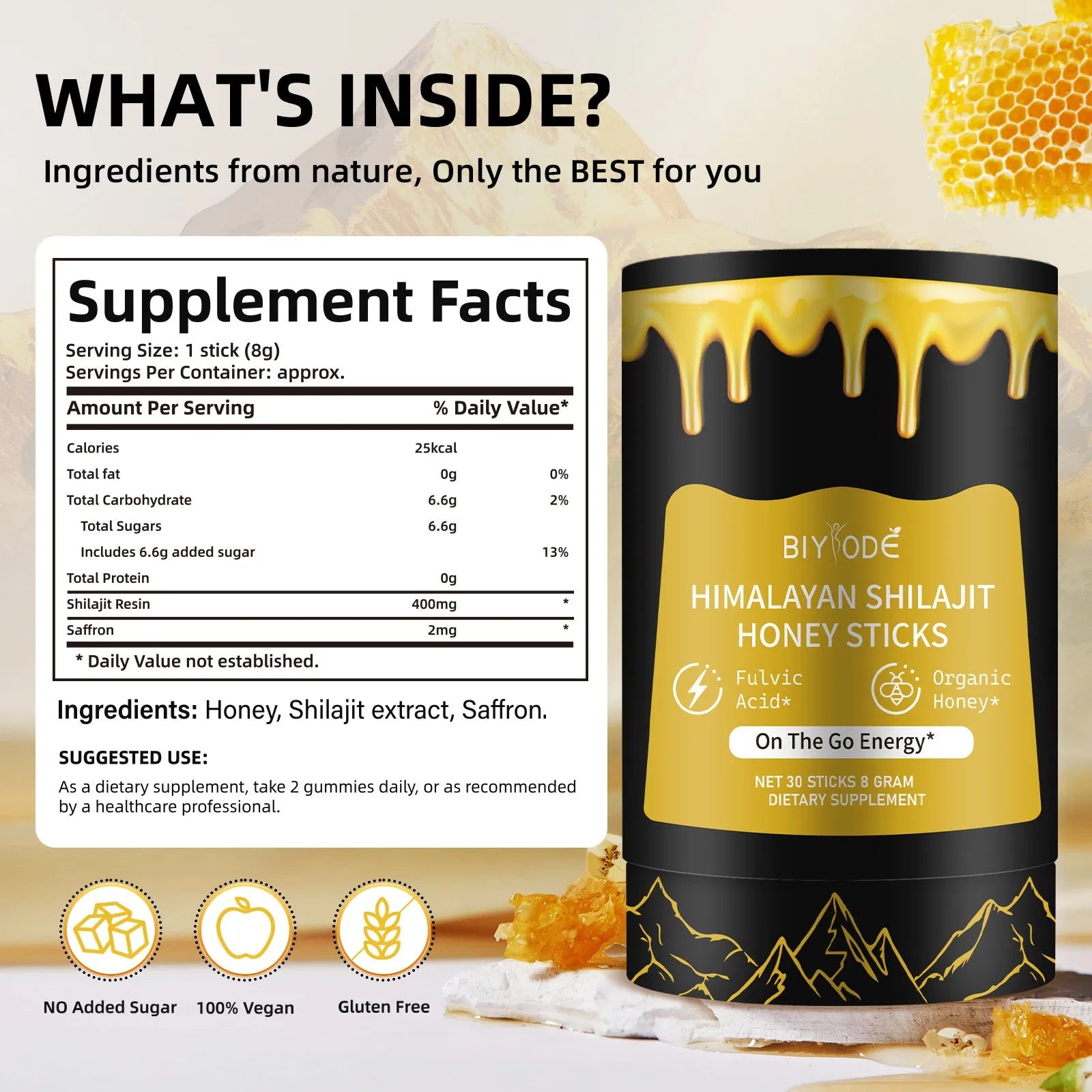 Bottle of 30 shilajit honey sticks with shilajit extract, honey, and saffron for energy and immune support