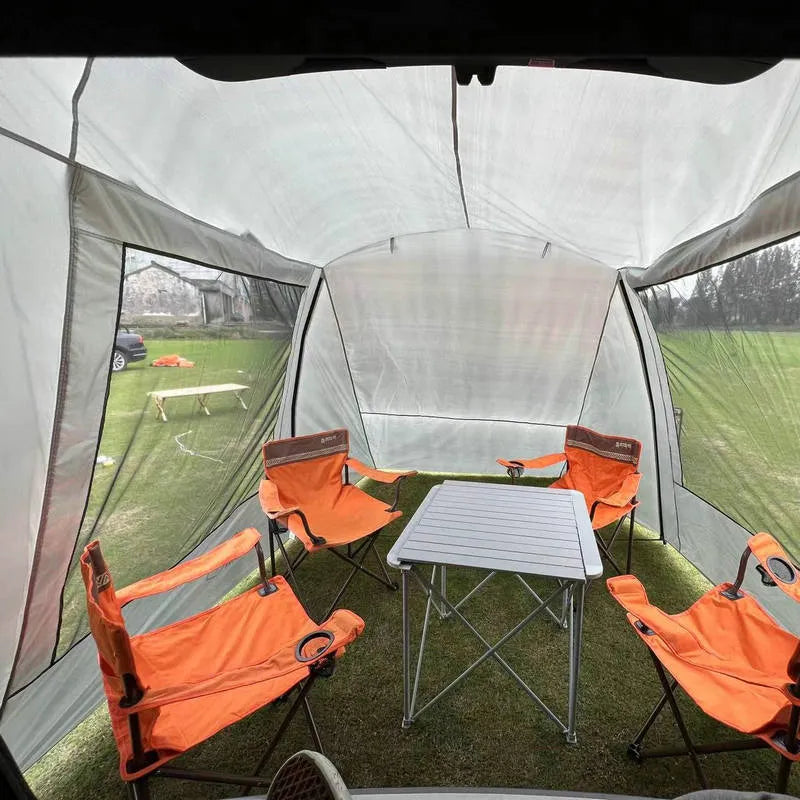 Outdoor camping tail extension tent attached to car boot with anti-UV fabric and mesh windows