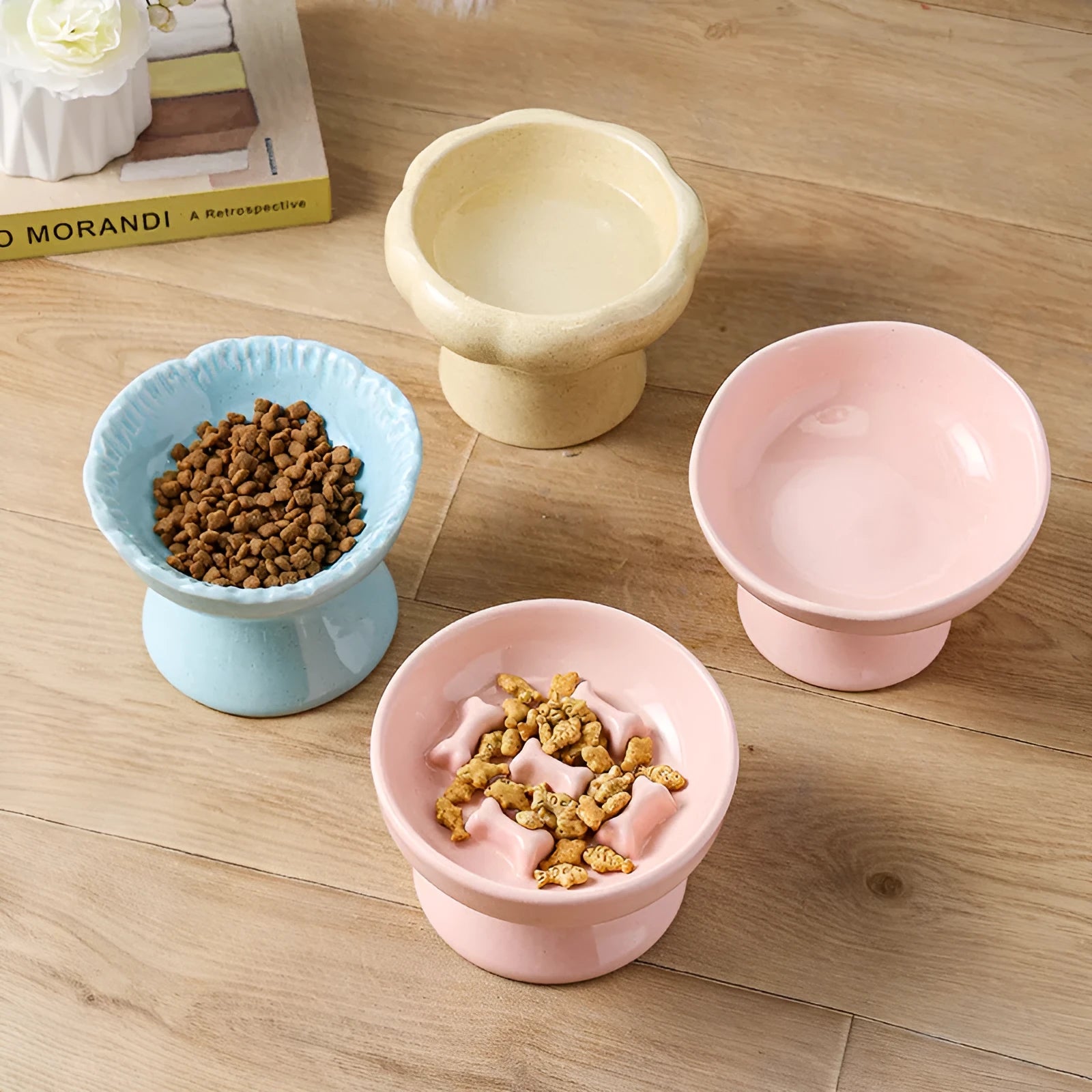 Anti-tumble large diameter ceramic pet bowl for cats, pink style, wide base design
