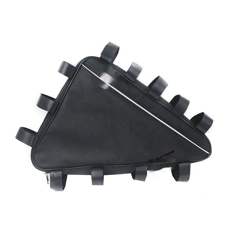 Black Oxford cloth electric bike battery pannier bag, 39x34x26x8cm, for triangle battery and sundries storage.