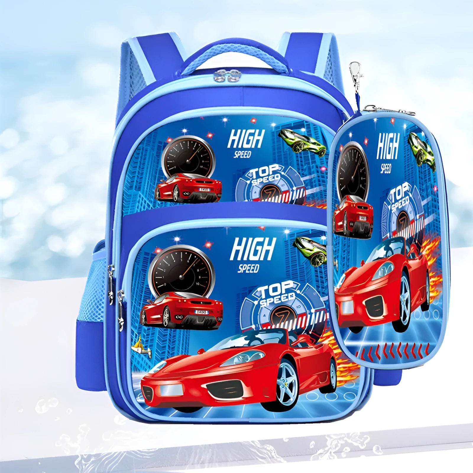 Blue anime cartoon print nylon school backpack with matching pencil case.