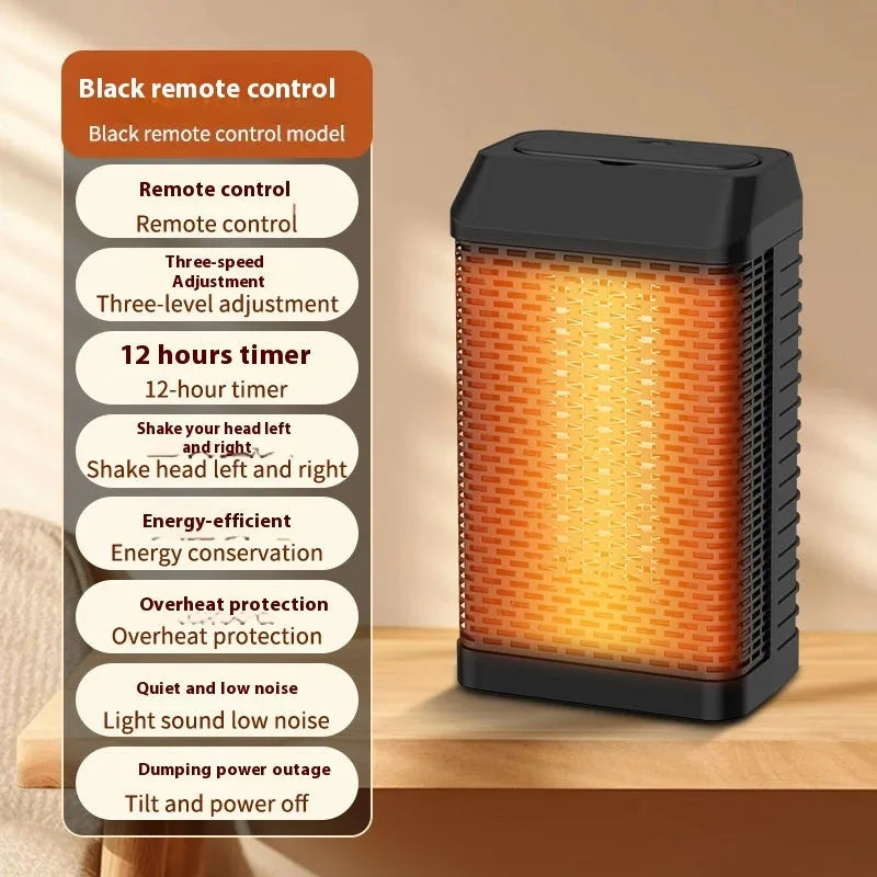 Black smart desktop heater with remote control showing dimensions 14.5x10x26cm