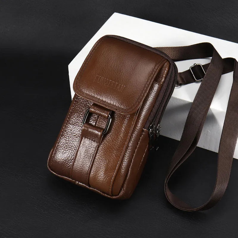 Leather men's mobile phone waist bag in black small size, first-layer cowhide, square vertical shape with sewing line detail