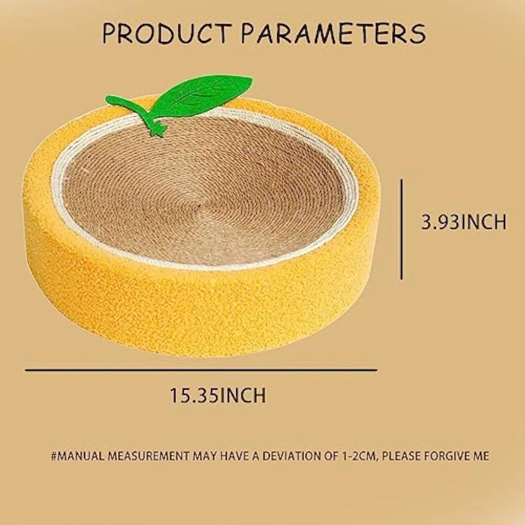 Round yellow sisal cat scratching board and bed for small indoor cats.