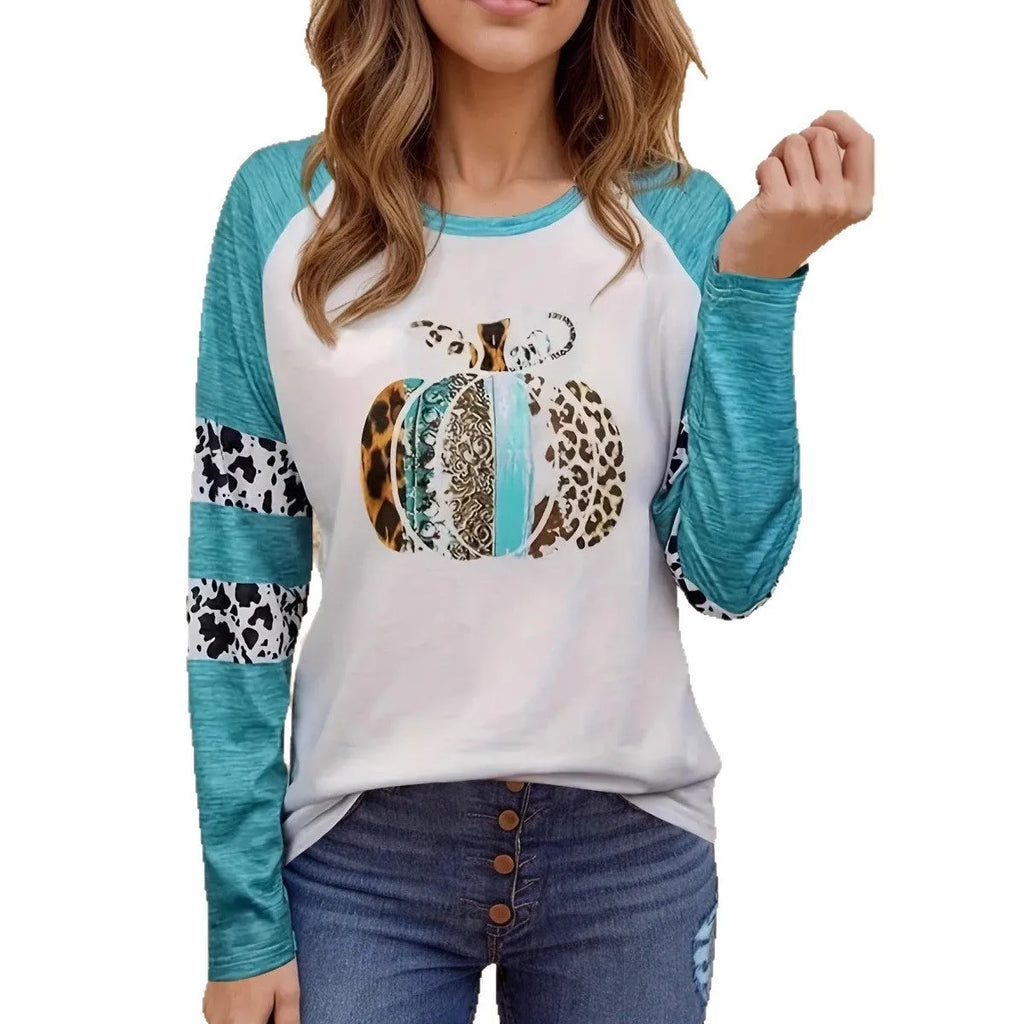 Sky blue Halloween T-shirt with 3D printed pumpkin design, long sleeves, regular fit