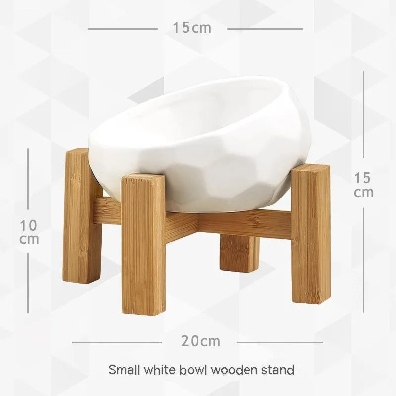 Yuanmiao ceramic cat bowl with bamboo wood frame in raised diamond high-foot design for cervical spine protection