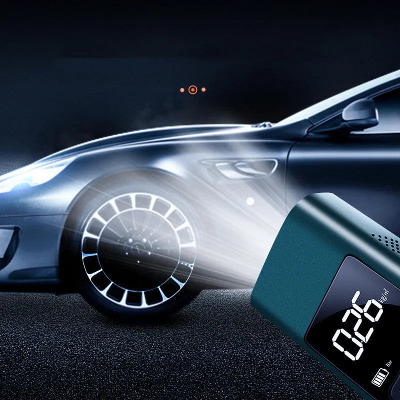Portable air pump with digital display and metal body, 240x60x44mm, for 12V cigarette lighter and USB charging