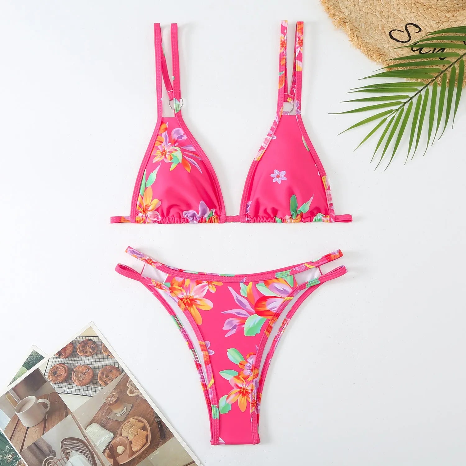 Women's halter swim briefs set in a choice of colours including blue and rose red.