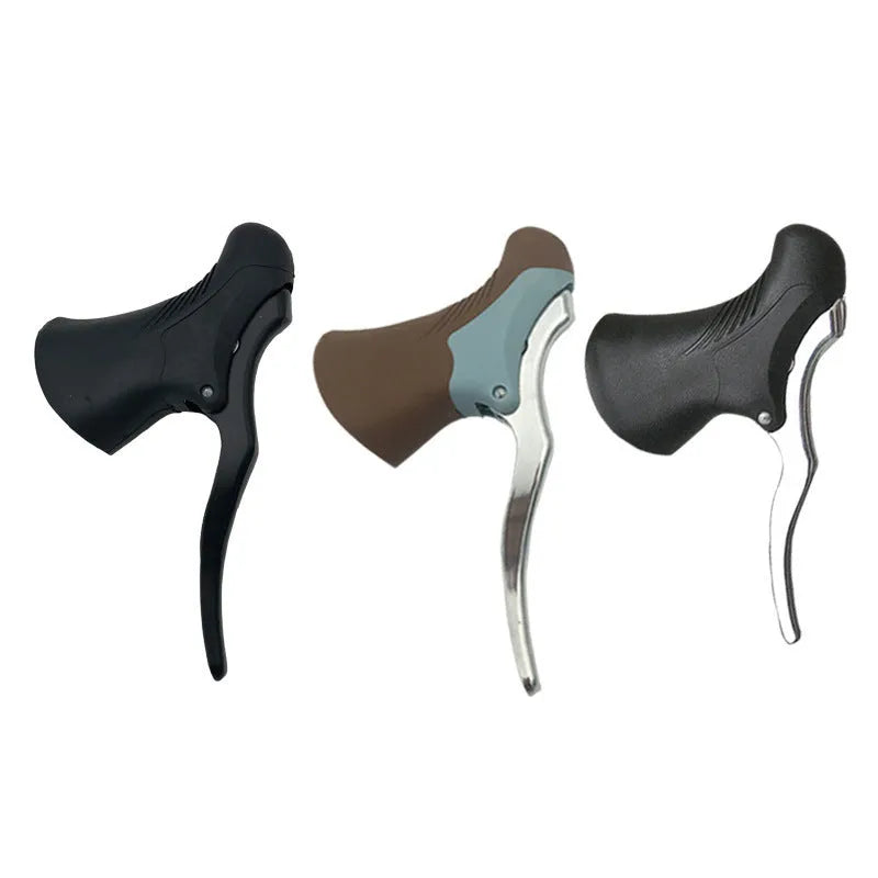 Pair of aluminium alloy road bicycle brake handles in black and black silver, showing clamp for handlebars.