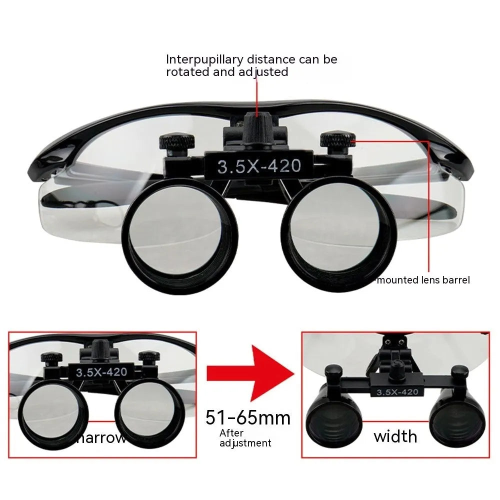 Black head-mounted dental magnifying glasses with large lenses and a separate LED headlight attached to the frame.