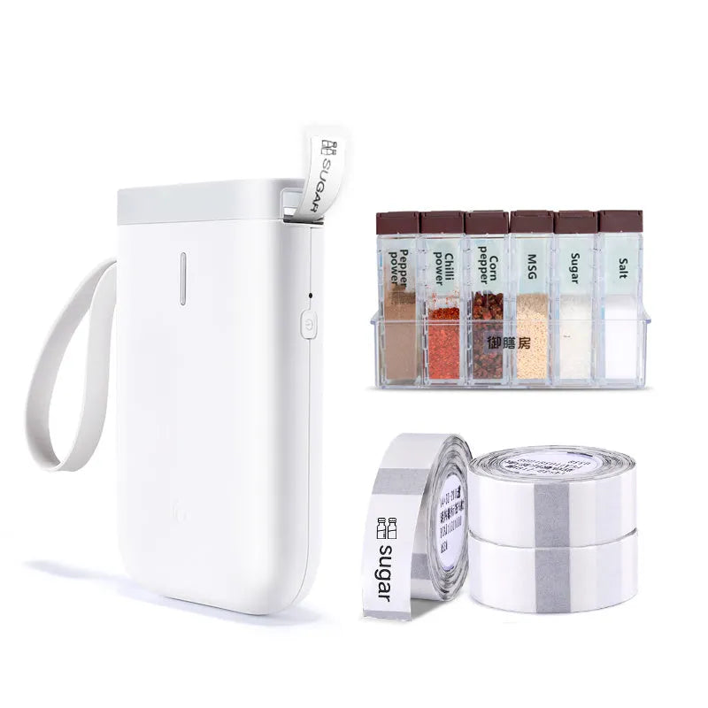 D11 Bluetooth thermal label printer in black, compact 108x76x30mm, with label paper roll