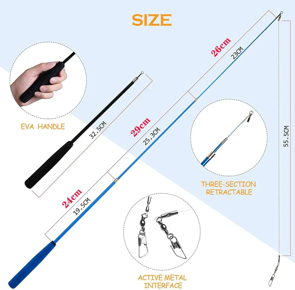 Cat teasing fishing rod toy with feather heads and replacement attachments