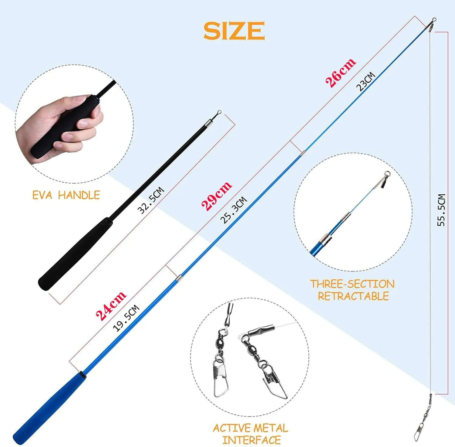 Cat teasing fishing rod toy with feather heads and replacement attachments