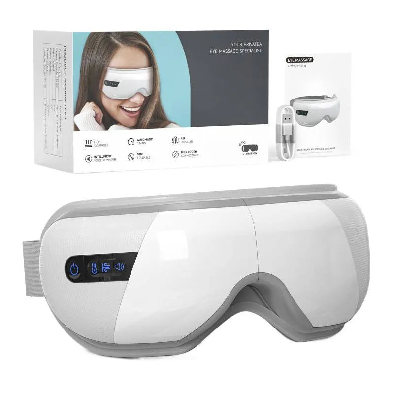 Rechargeable heated eye massager mask in white or black with foldable design for universal eye area use