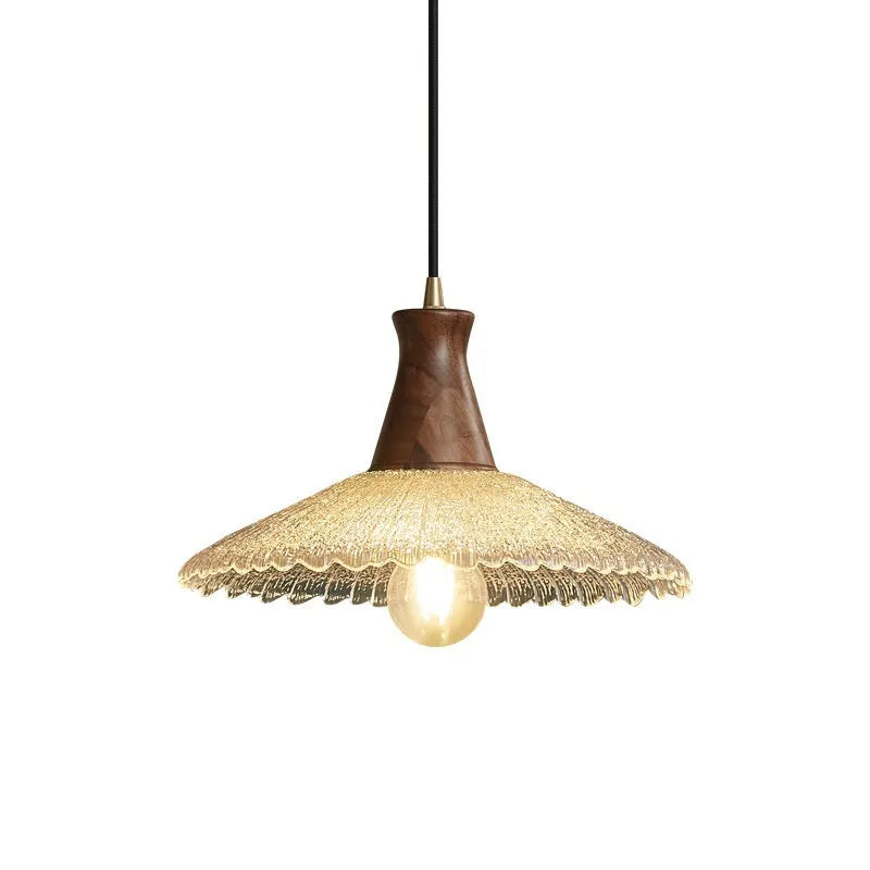 Wood and brass electroplated ceiling chandelier with a glass lampshade.