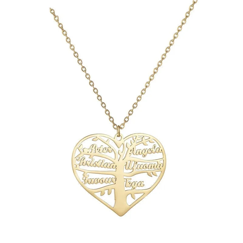 Custom name necklace with hollow heart and tree of life pendant in silver, gold, or rose gold finish.
