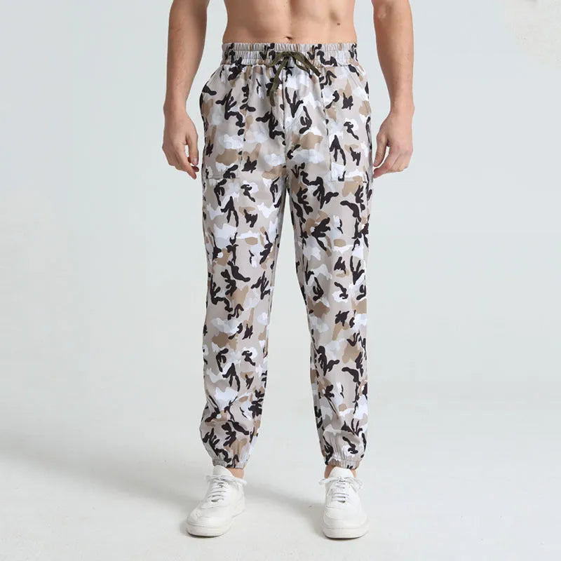 Men's sports casual camouflage trousers in army green camouflage, full-length polyester fibre design