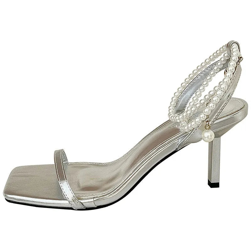 Mermaid Pearl Grace women's stiletto heel sandals in black, silver, or white with square toe and ankle-strap buckle