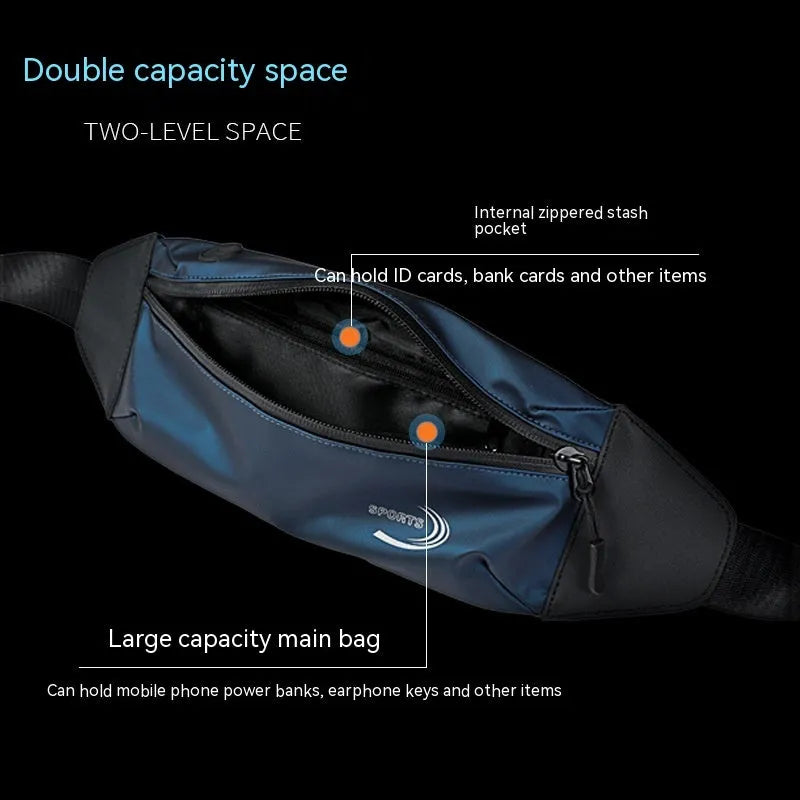 Men's blue waterproof Derm Oxford polyester sports waist bag with adjustable strap.