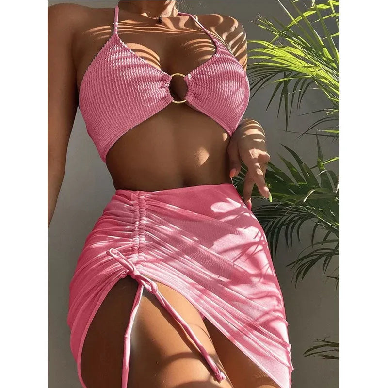 Women's solid colour halter three-piece swimwear set with chest pad in black, blue, green, and other colours, sizes S-XL