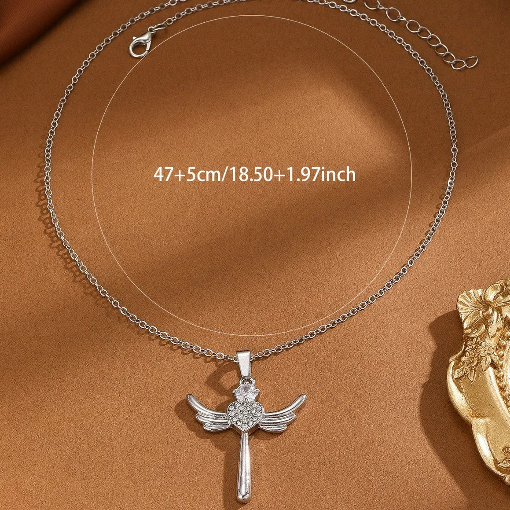 Silver heart-shaped angel wings pendant clavicle chain necklace for women, titanium steel and alloy, cross design, affordable luxury style