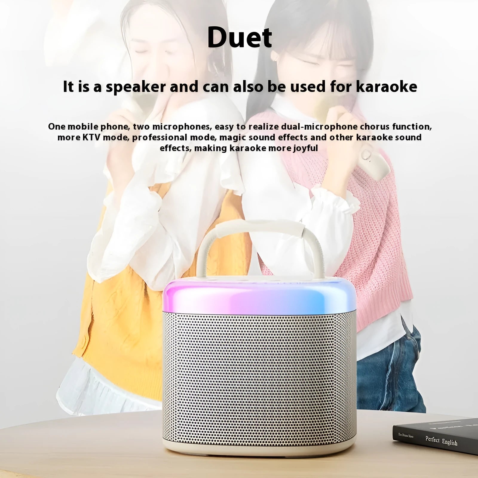 Bluetooth portable singing microphone and stereo speaker suit in space gray with double wheat grille