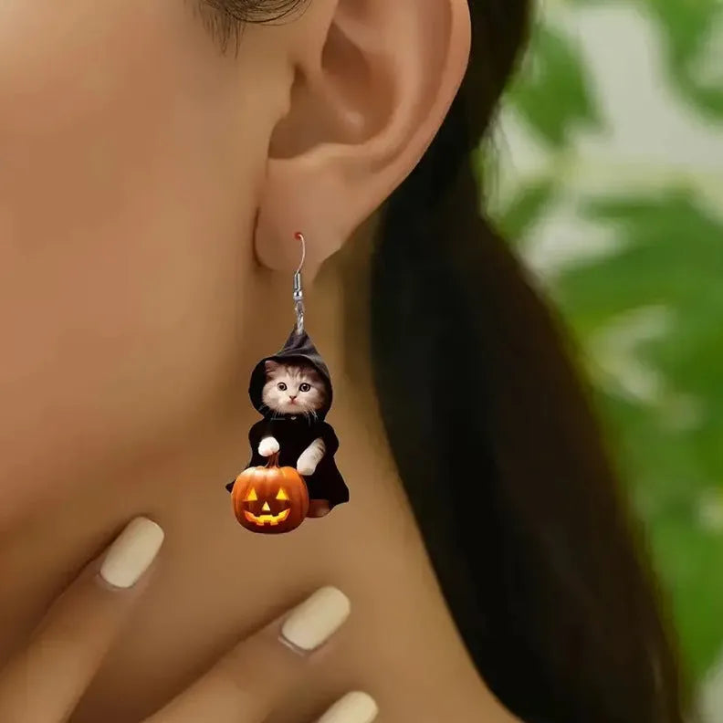Handmade acrylic cat pumpkin earrings flat Christmas style for women
