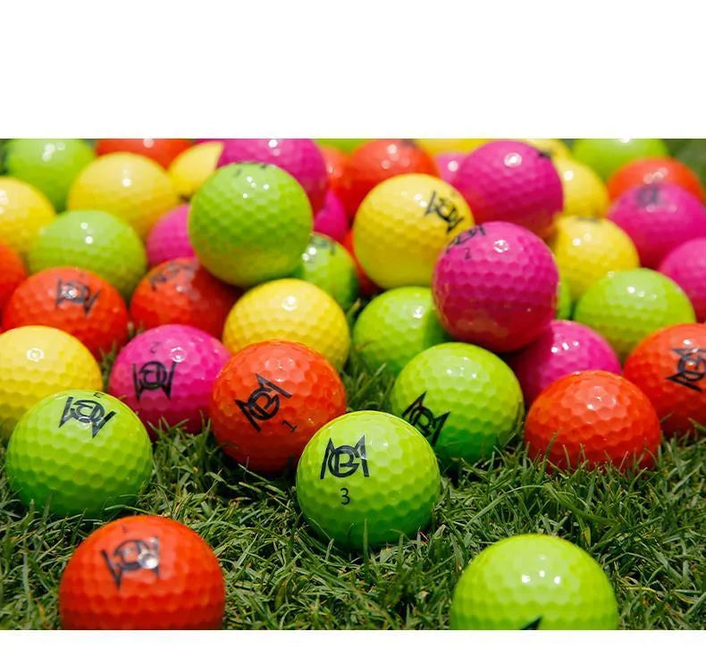 Golf colour practice ball two-layer synthetic rubber 42.6mm 12-pack orange yellow green rose