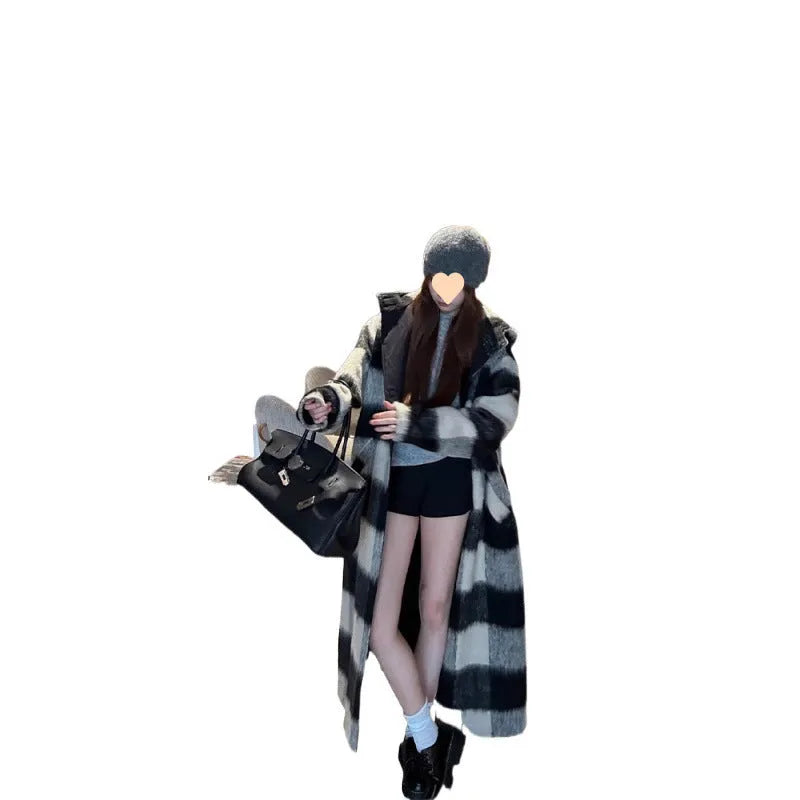 Beige black plaid mid-length loose fit women's woolen coat on hanger, size L to 4XL available