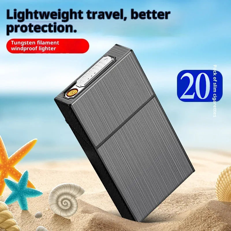 USB rechargeable aluminium creative cigarette case in black brushed finish for storage and collection