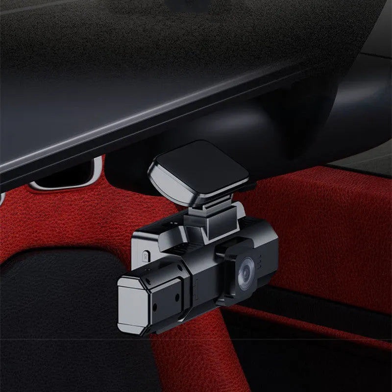 Front view of a car dashboard camera with a 3-inch screen mounted on a windscreen.