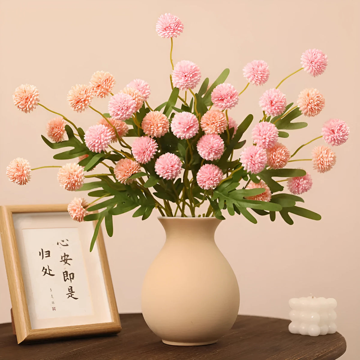5-head silk dandelion chrysanthemum fake flower ornament in white for wedding decor and photography props