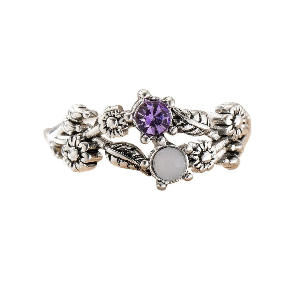 Silver zinc alloy flower ring with purple gemstone for women, available in sizes 6 to 10
