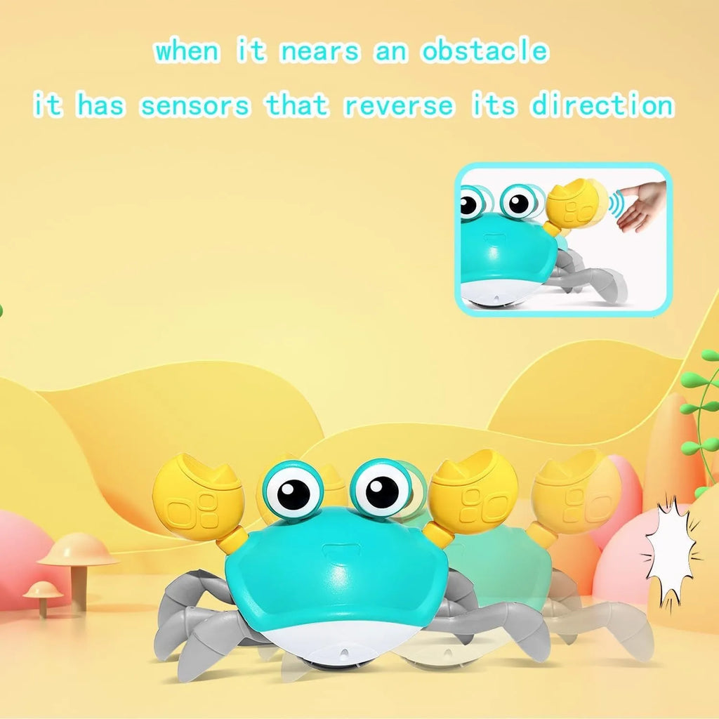 Blue or red electronic crawling crab dog toy with lights, shown on a floor.