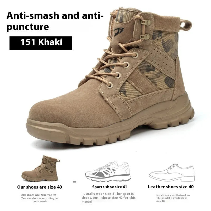 High ankle combat safety boots with steel toe, fly weave upper, EVA rubber sole, black or khaki