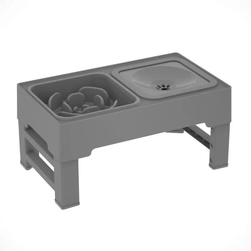 Adjustable height black dog bowl stand with two stainless steel food and water bowls