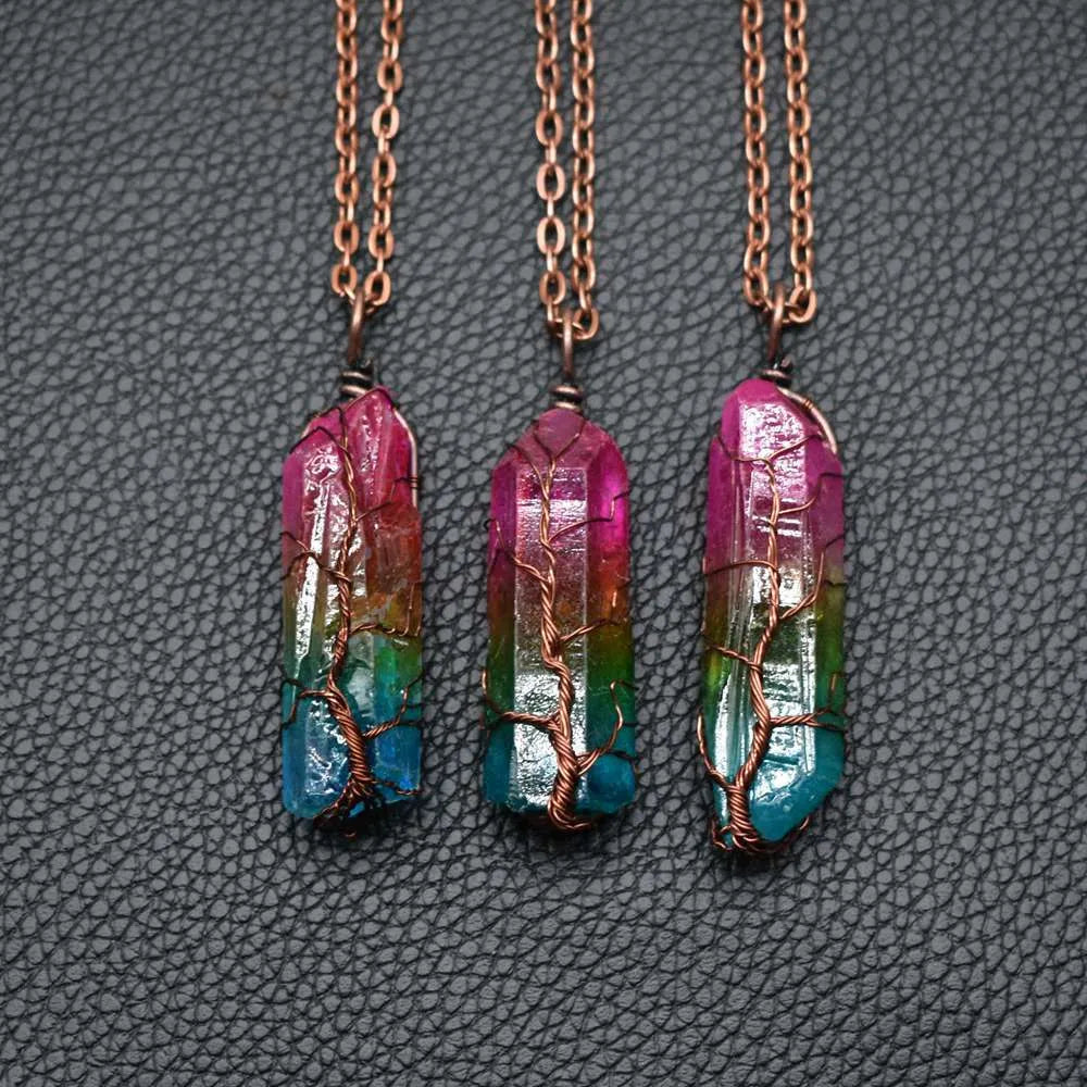 Tree of Life crystal pillar pendant necklace with O-chain and extension, available in rainbow colour