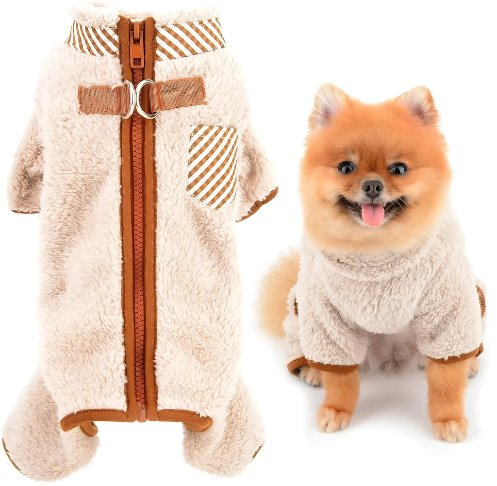 Green plush fleece dog coat with four legs and a back zipper on a small dog.