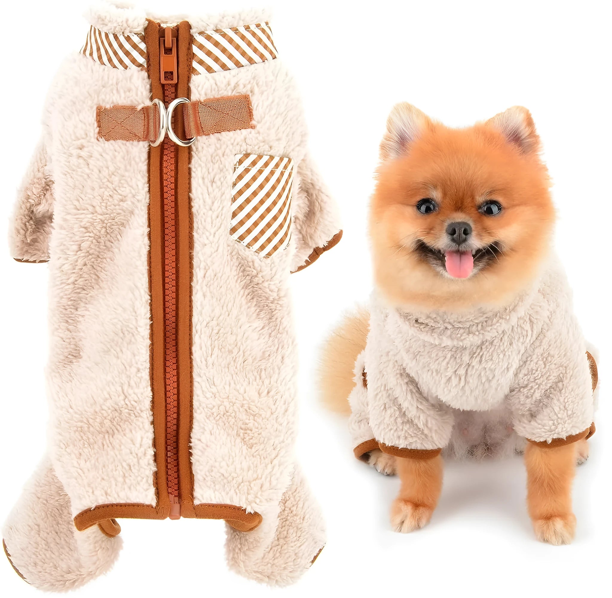 Green plush fleece dog coat with four legs and a back zipper on a small dog.