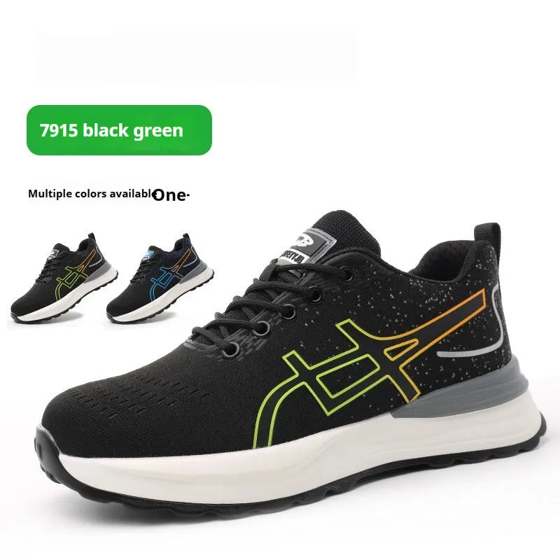 Black and blue low-cut safety shoes with mesh upper and rubber reinforcement for industrial work.