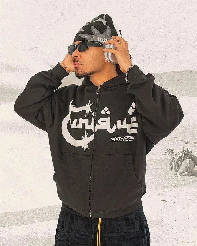 Letter print hooded zipper cardigan sweater in dark brown, full front view on a male model showing long sleeves and hood