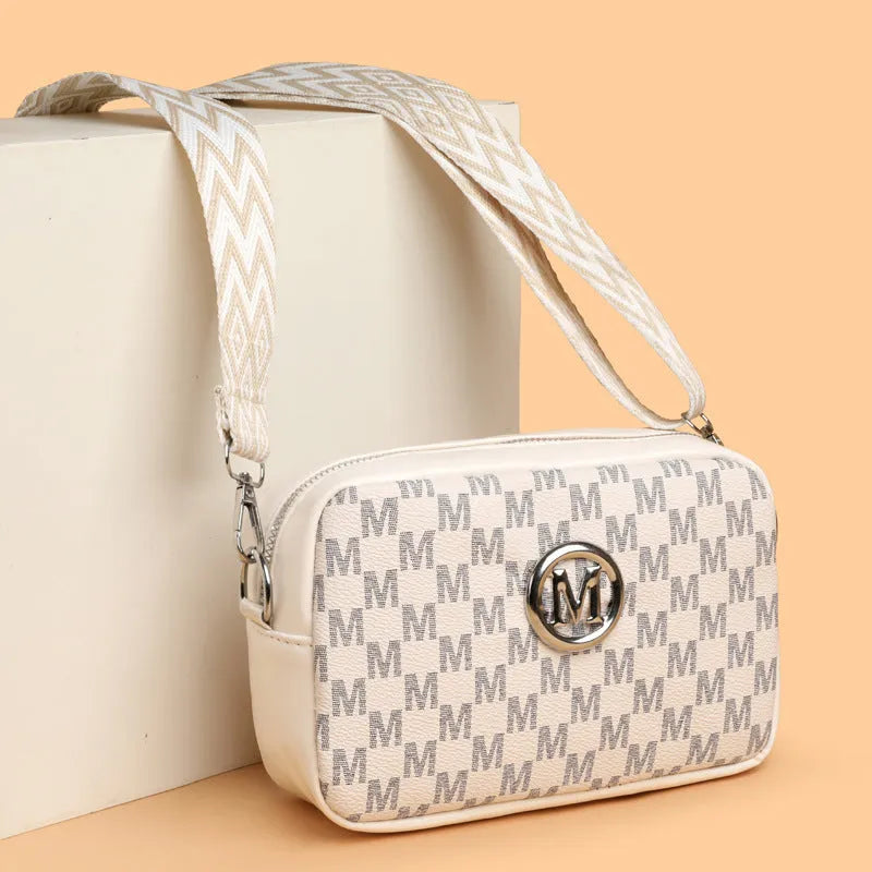 PU wide-strap crossbody bag with three-dimensional pocket in black, brown or white