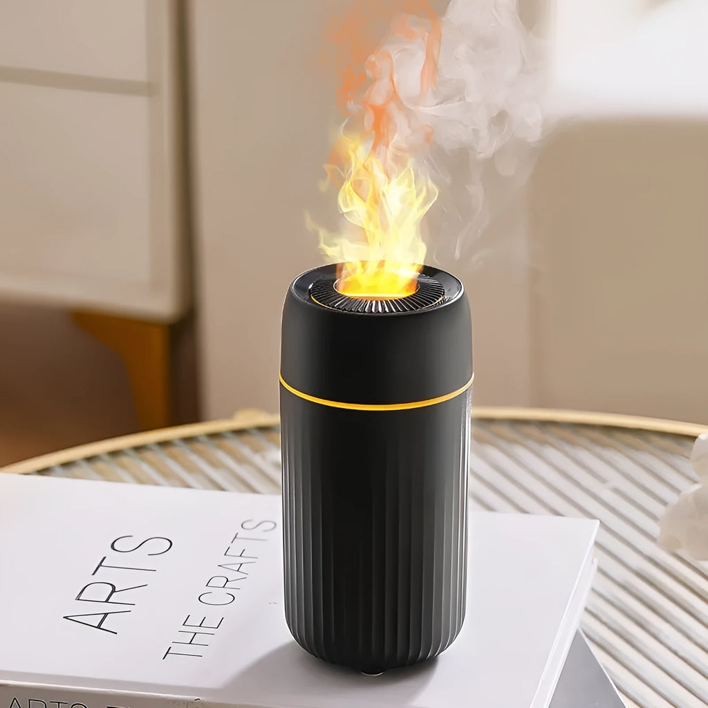 Black car aroma diffuser with flame simulation effect on a car dashboard