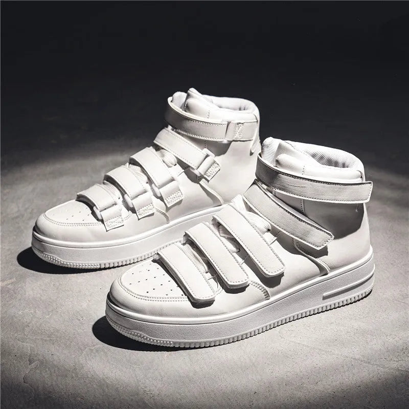 Men's high-top board shoes in black with white sole, lace-up front, artificial PU upper, and round toe on a white background